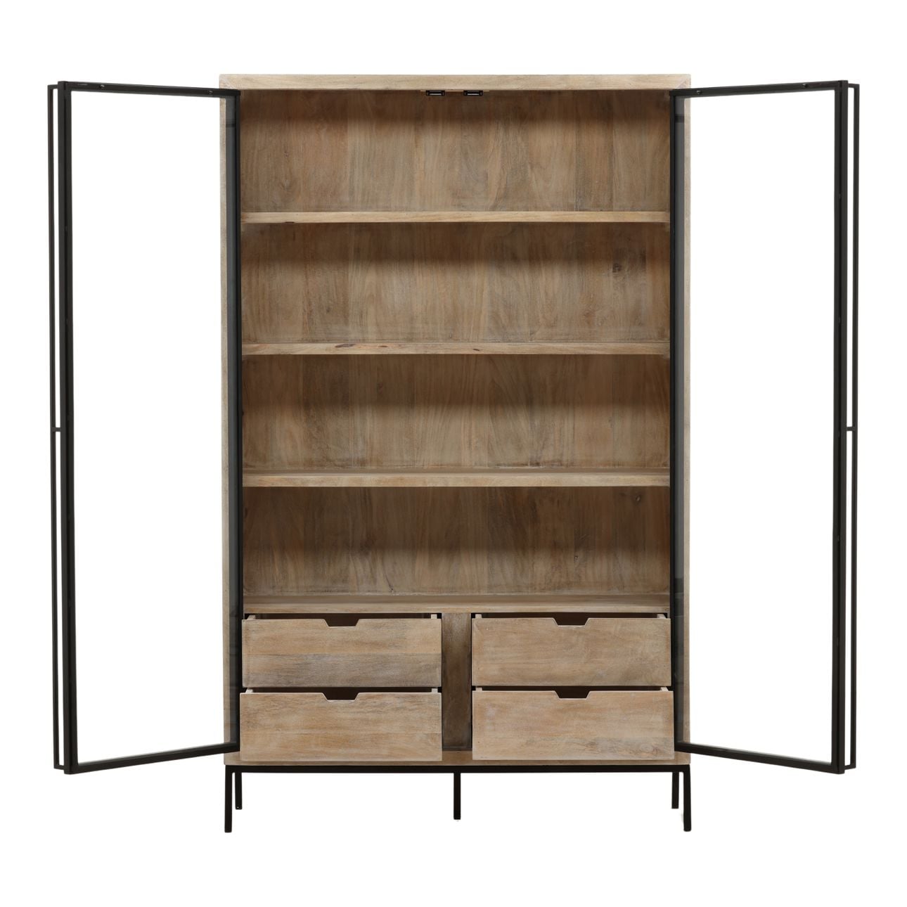Natural and Black Mango Wood, Iron and Glass Cabinet 48 in Wide