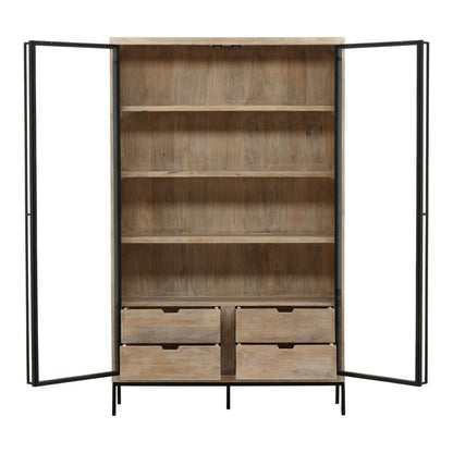 Natural and Black Mango Wood, Iron and Glass Cabinet 48 in Wide