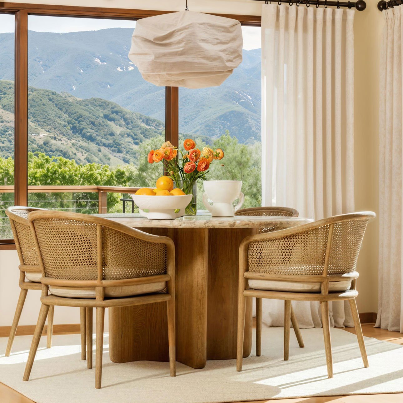 Beige and Natural Tendu Marble and Mango Wood Table 54 in Wide