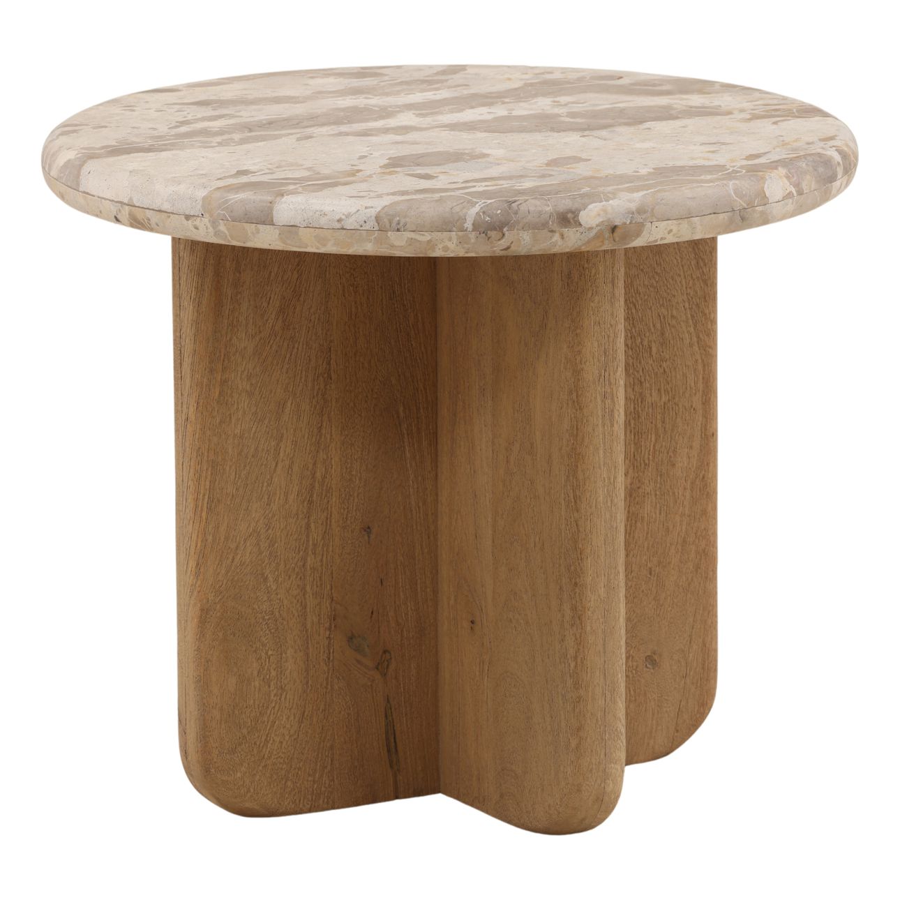 Beige and Natural Tendu Marble and Mango Wood Table 24 in Wide