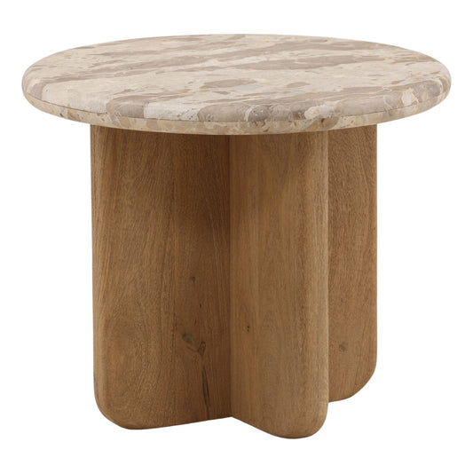Beige and Natural Tendu Marble and Mango Wood Table 24 in Wide