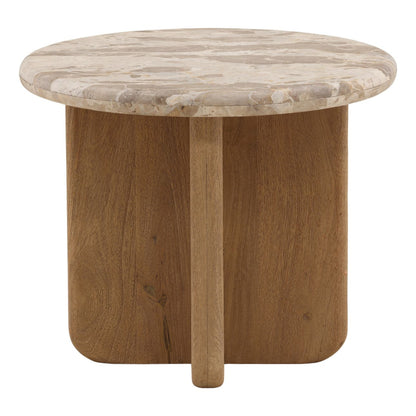 Beige and Natural Tendu Marble and Mango Wood Table 24 in Wide