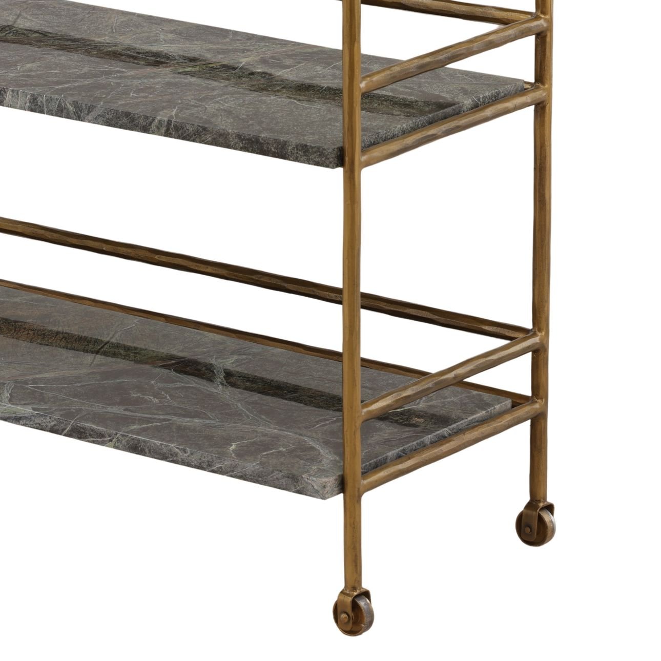 Brown and Green Marble and Antique Brass Bidasar Marble, Iron and Glass Cart 36 in Wide
