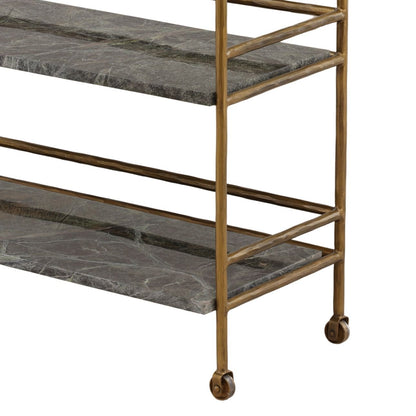 Brown and Green Marble and Antique Brass Bidasar Marble, Iron and Glass Cart 36 in Wide