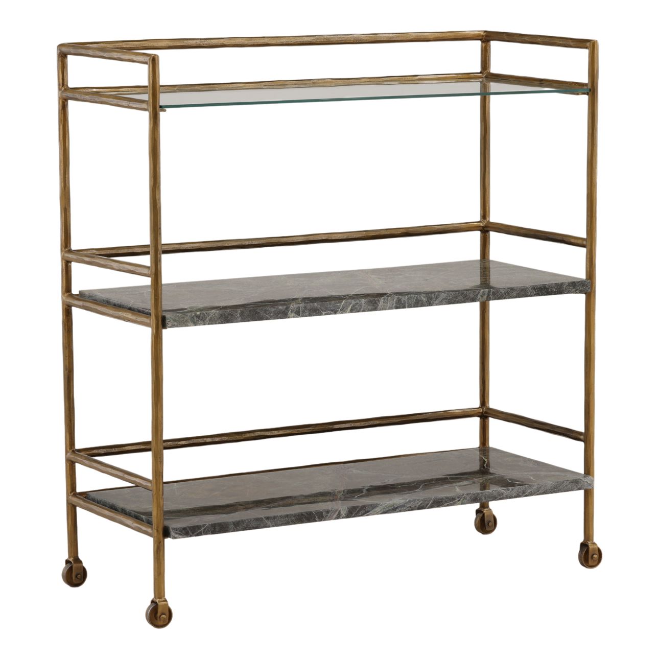 Brown and Green Marble and Antique Brass Bidasar Marble, Iron and Glass Cart 36 in Wide