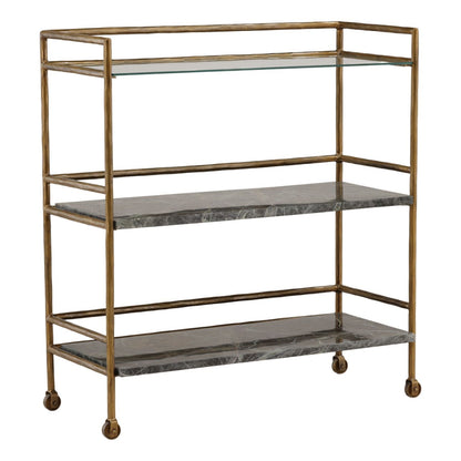Brown and Green Marble and Antique Brass Bidasar Marble, Iron and Glass Cart 36 in Wide
