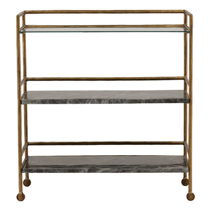 Brown and Green Marble and Antique Brass Bidasar Marble, Iron and Glass Cart 36 in Wide