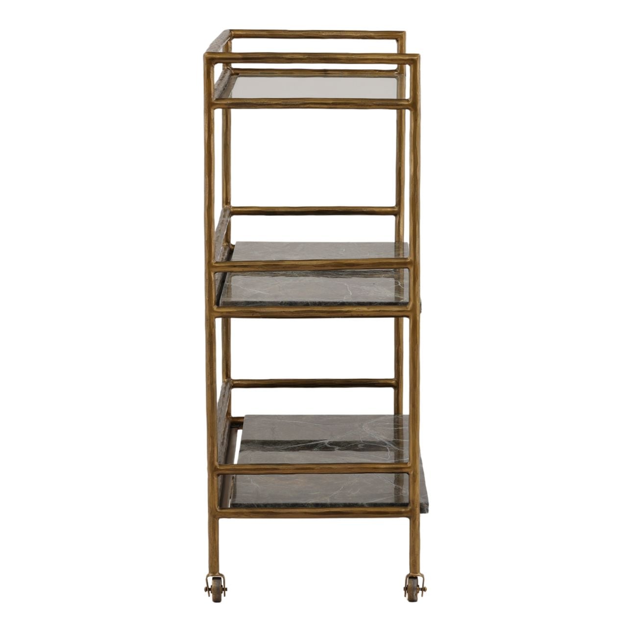 Brown and Green Marble and Antique Brass Bidasar Marble, Iron and Glass Cart 36 in Wide