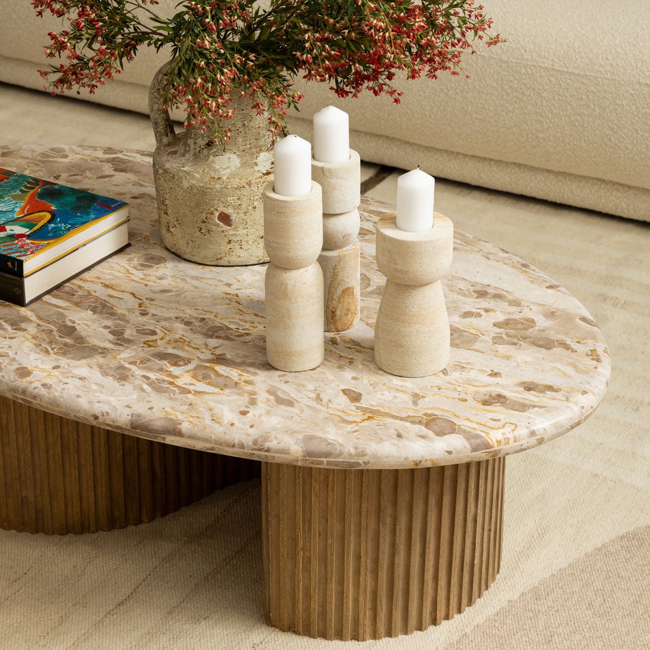 Beige and Natural Tendu Marble and Mango Wood Table 54 in Wide
