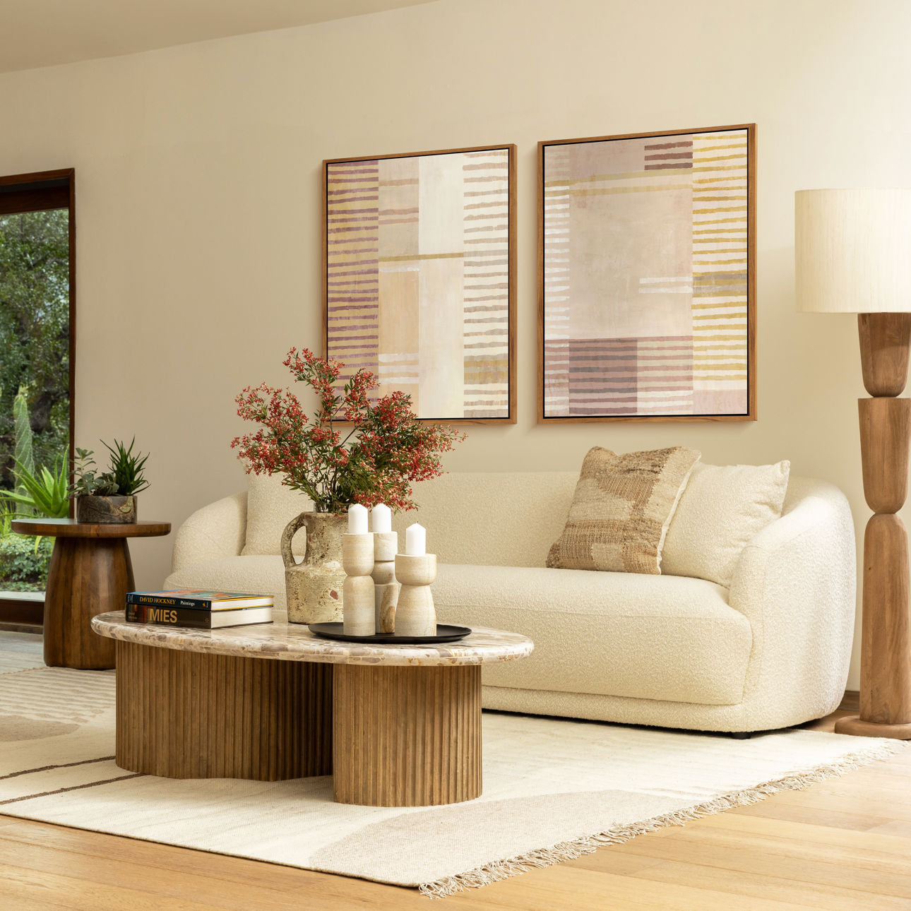 Beige and Natural Tendu Marble and Mango Wood Table 54 in Wide