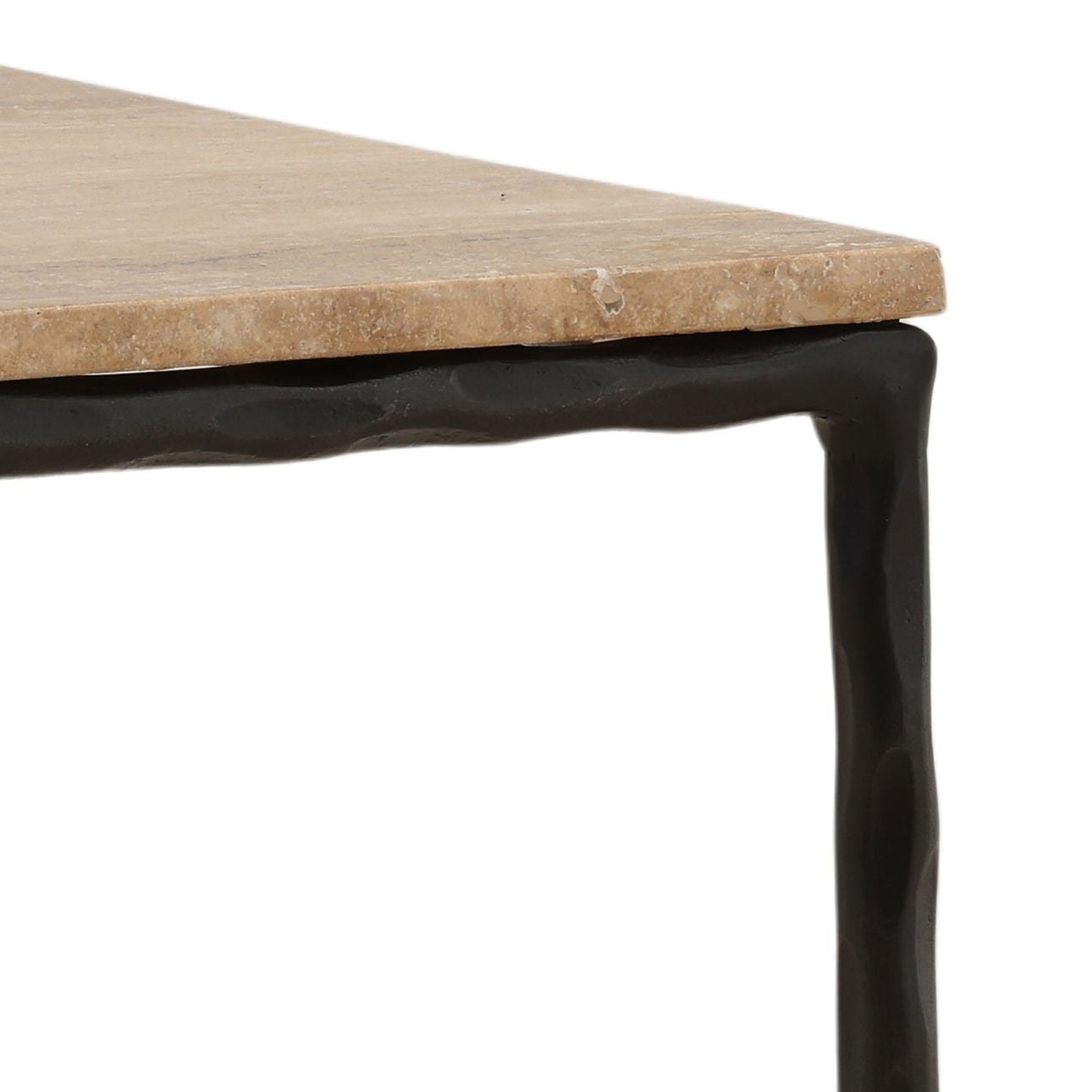 Natural and Black Travertine and Iron Table 18 in Wide