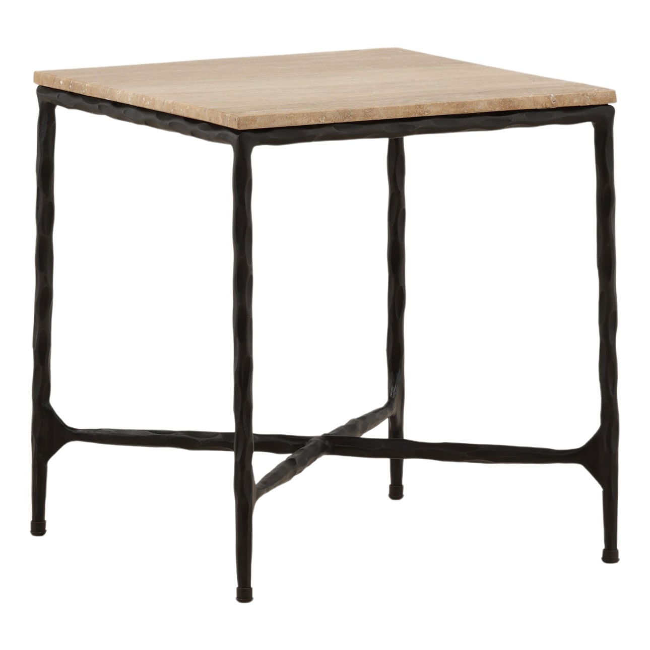 Natural and Black Travertine and Iron Table 18 in Wide