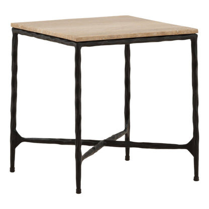 Natural and Black Travertine and Iron Table 18 in Wide
