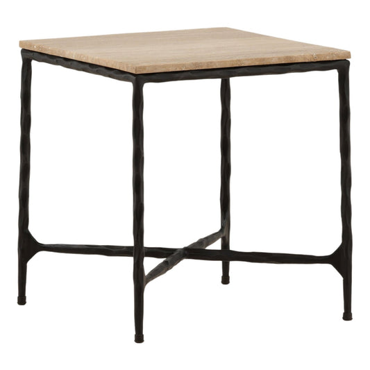 Natural and Black Travertine and Iron Table 18 in Wide