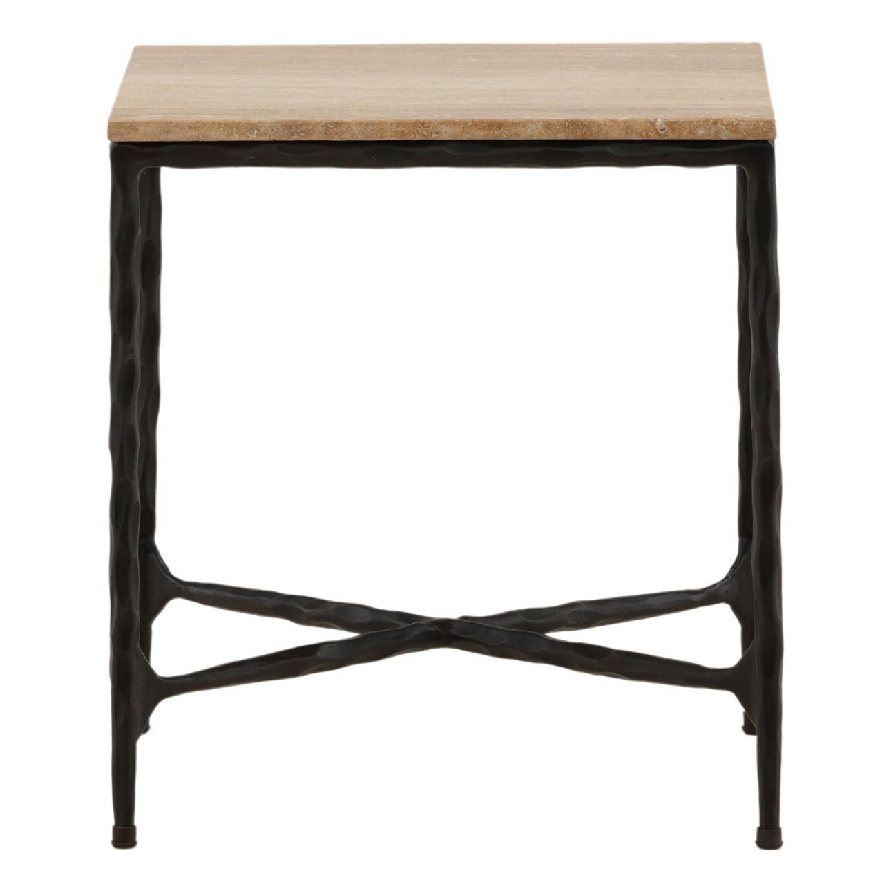 Natural and Black Travertine and Iron Table 18 in Wide