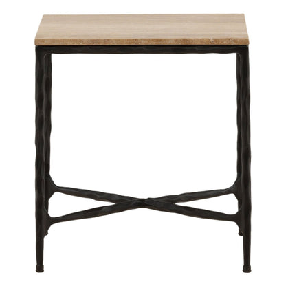 Natural and Black Travertine and Iron Table 18 in Wide