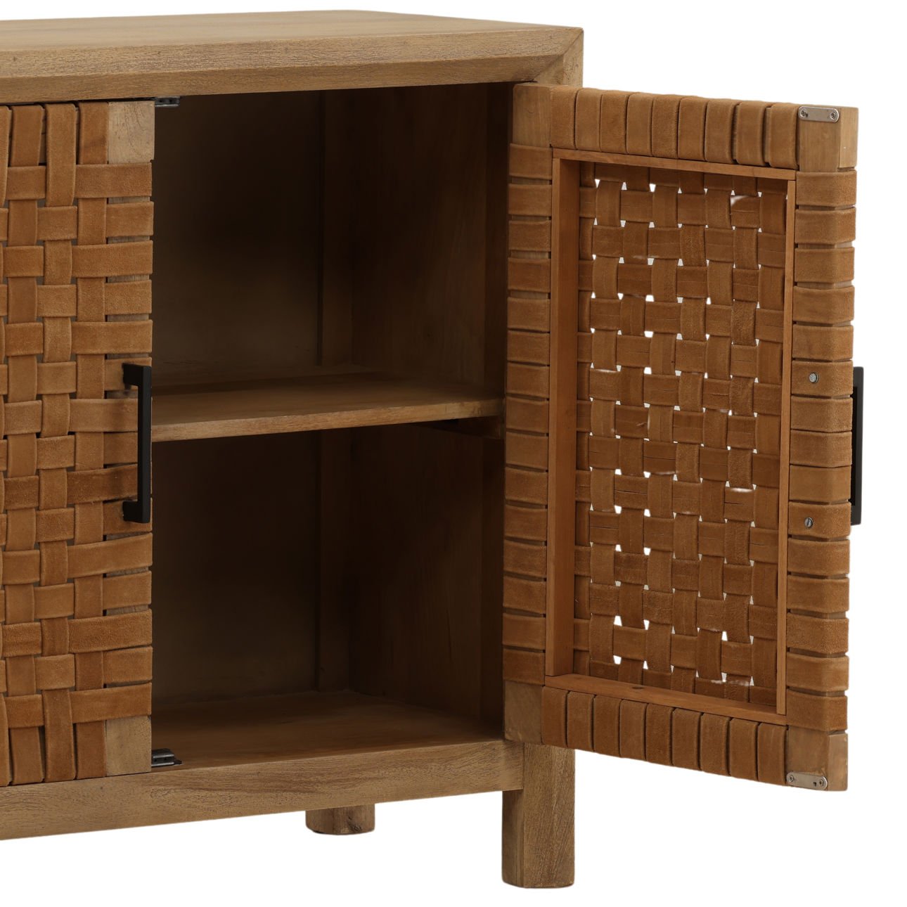 Natural Mango Wood and Leather Sideboard 38 in Wide