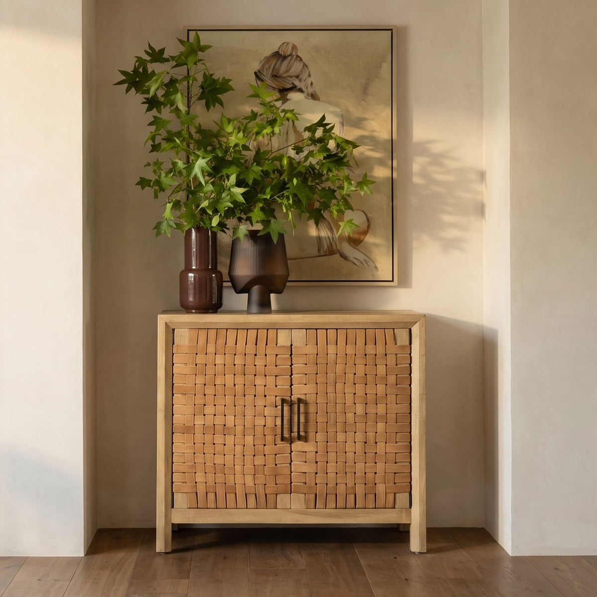 Elevated Mango Wood and Leather Cabinet