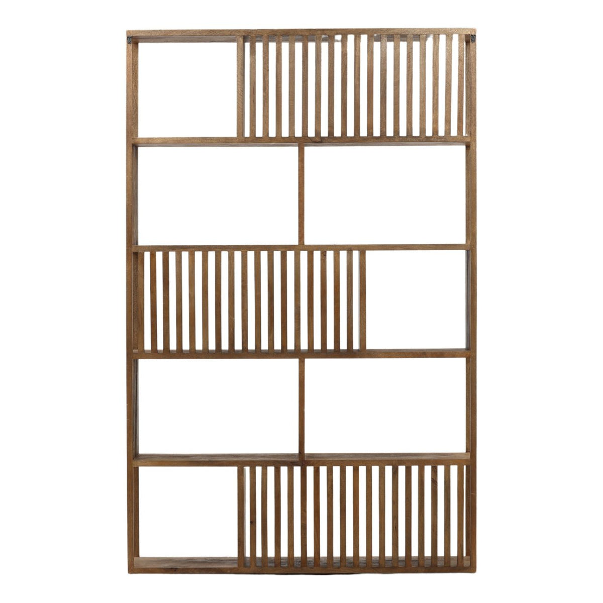 Close-up of Verlea Bookcase shelves highlighting mango wood texture and brown finish