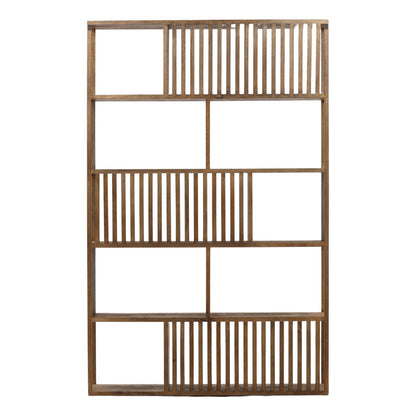 Close-up of Verlea Bookcase shelves highlighting mango wood texture and brown finish