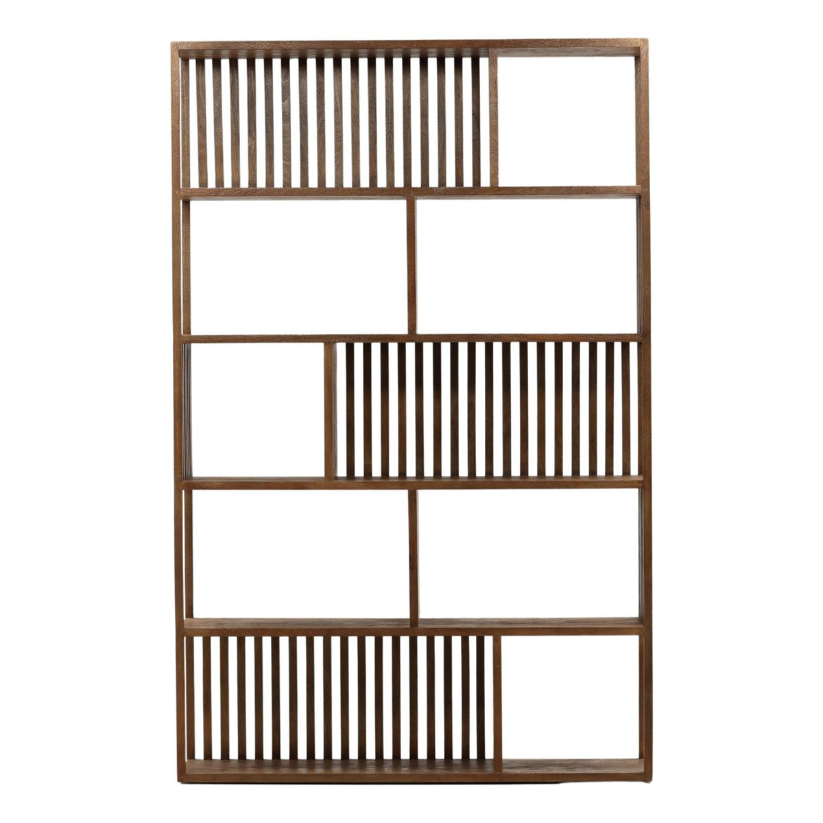 Verlea Bookcase side angle showing 13-inch depth and natural mango wood grain