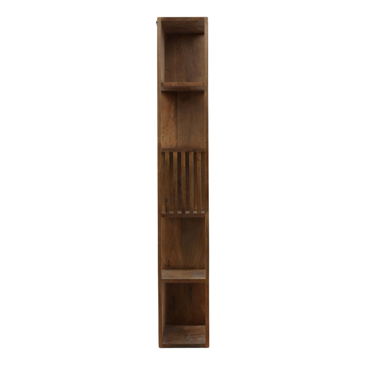 Verlea Bookcase full-height view — 54-inch wide open shelving in brown mango wood