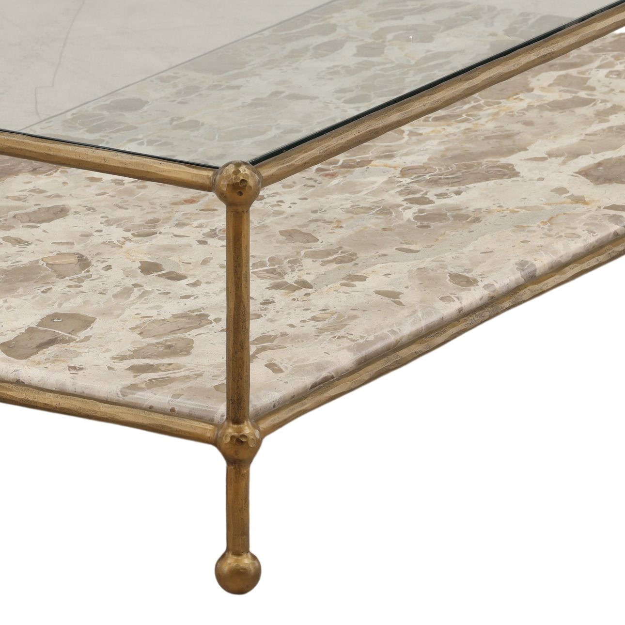 Beige and Antique Brass Tendu Marble, Glass and Iron Table 52 in Wide