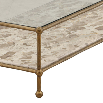 Beige and Antique Brass Tendu Marble, Glass and Iron Table 52 in Wide