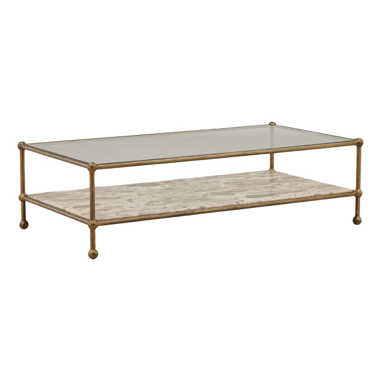 Beige and Antique Brass Tendu Marble, Glass and Iron Table 52 in Wide