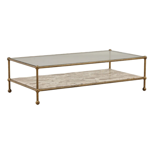 Beige and Antique Brass Tendu Marble, Glass and Iron Table 52 in Wide