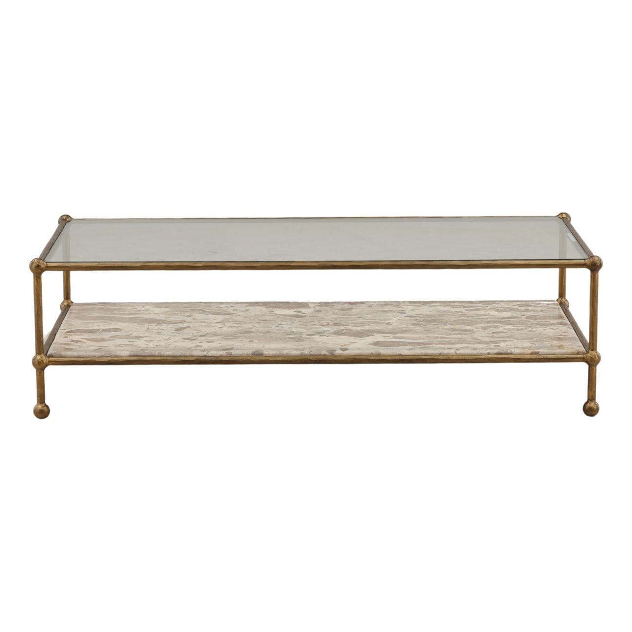 Beige and Antique Brass Tendu Marble, Glass and Iron Table 52 in Wide