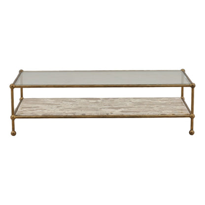 Beige and Antique Brass Tendu Marble, Glass and Iron Table 52 in Wide