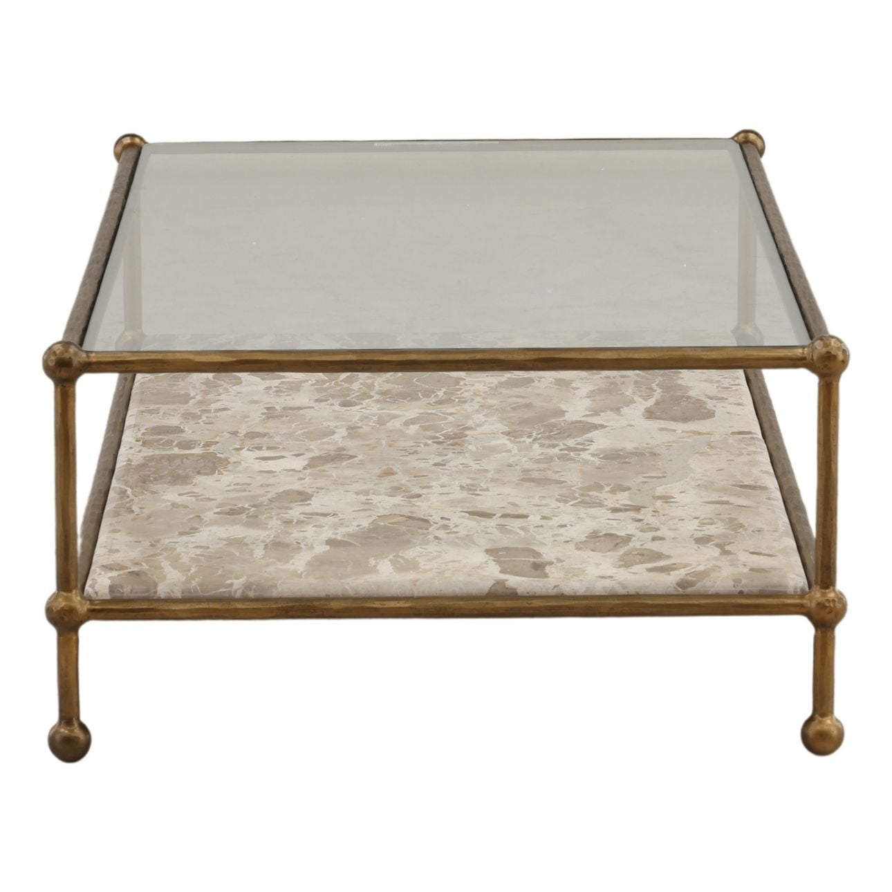 Beige and Antique Brass Tendu Marble, Glass and Iron Table 52 in Wide