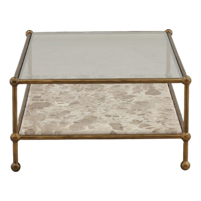 Beige and Antique Brass Tendu Marble, Glass and Iron Table 52 in Wide