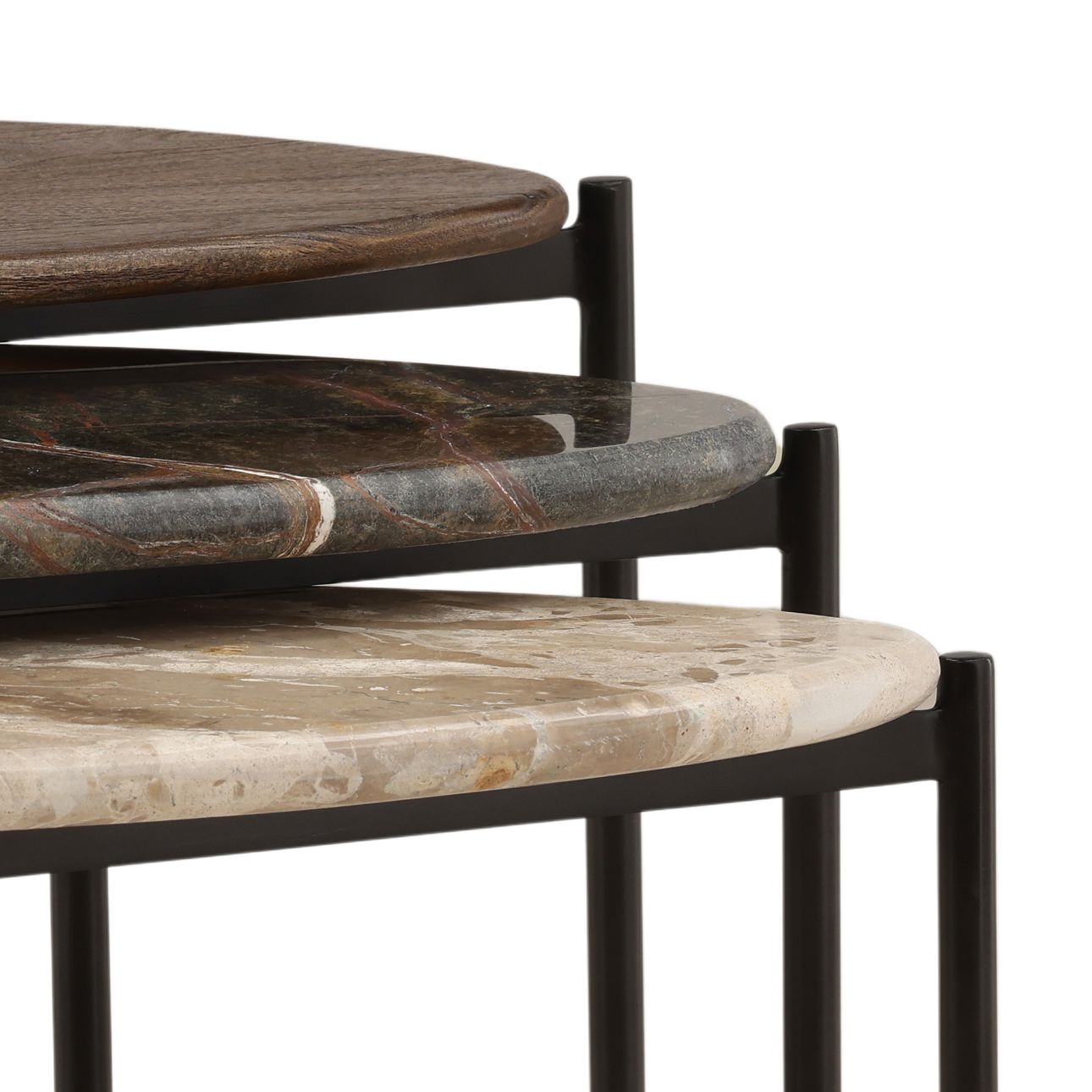 Brown, Green, and Beige Marble and Black Iron, Mango Wood, Bidasar and Tendu Marble Table 23 in Wide