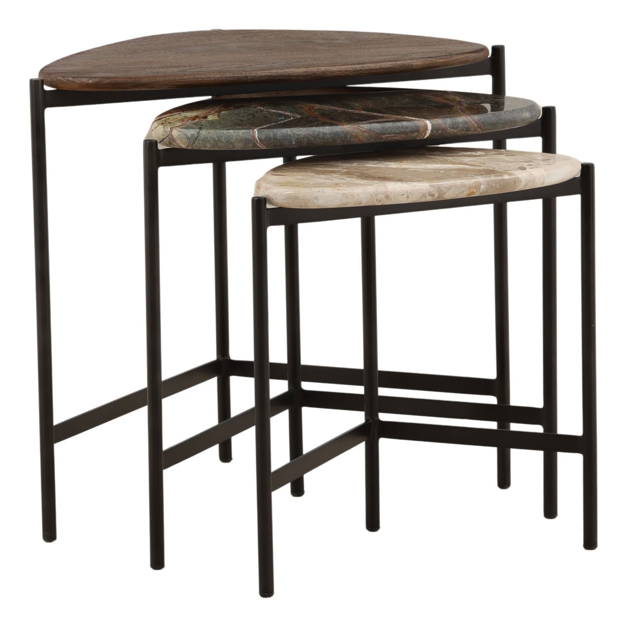 Brown, Green, and Beige Marble and Black Iron, Mango Wood, Bidasar and Tendu Marble Table 23 in Wide