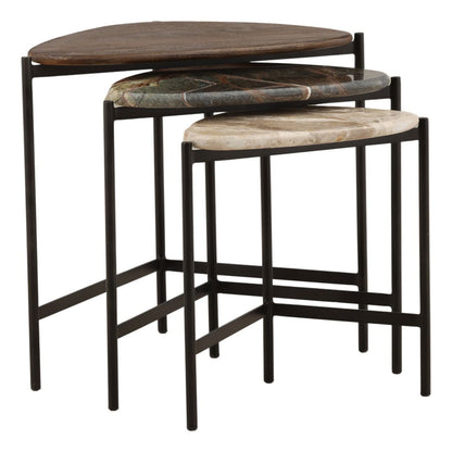 Brown, Green, and Beige Marble and Black Iron, Mango Wood, Bidasar and Tendu Marble Table 23 in Wide