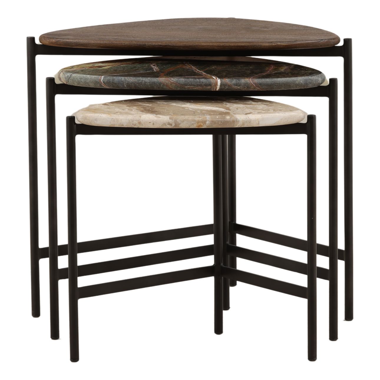 Brown, Green, and Beige Marble and Black Iron, Mango Wood, Bidasar and Tendu Marble Table 23 in Wide