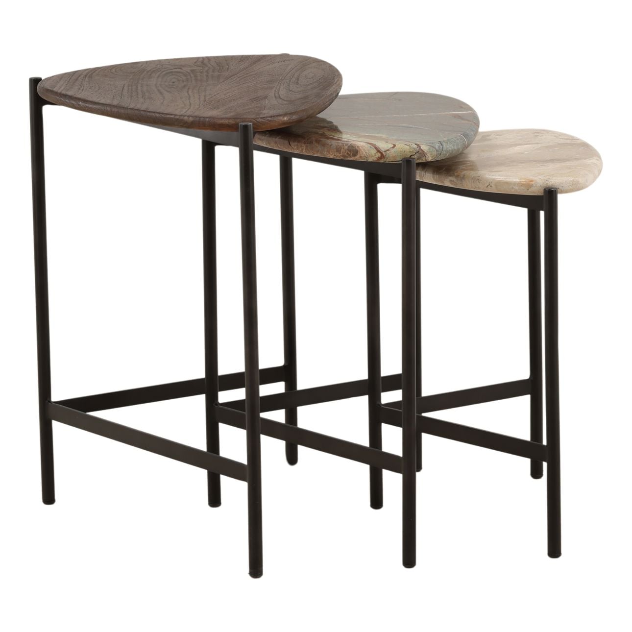 Brown, Green, and Beige Marble and Black Iron, Mango Wood, Bidasar and Tendu Marble Table 23 in Wide