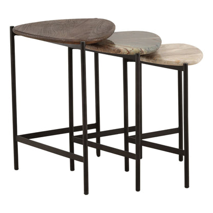 Brown, Green, and Beige Marble and Black Iron, Mango Wood, Bidasar and Tendu Marble Table 23 in Wide
