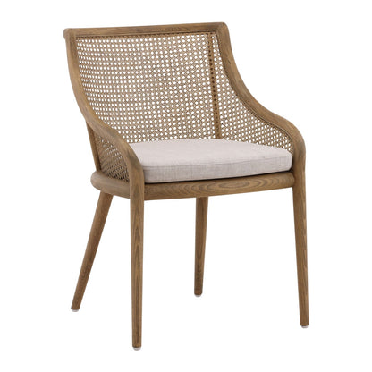 Medium Brown Wood and Beige Cushion Ash Wood with Rattan and Linen Upholstered Seat Chair 22.5 in Wide