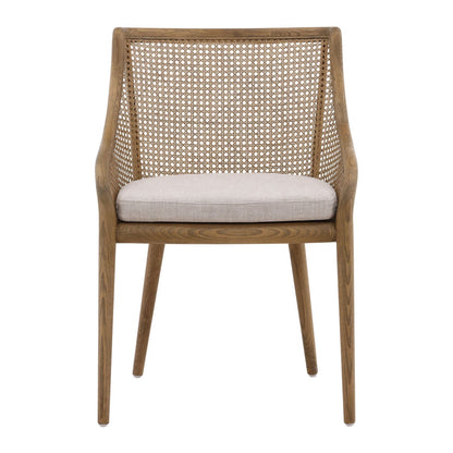 Medium Brown Wood and Beige Cushion Ash Wood with Rattan and Linen Upholstered Seat Chair 22.5 in Wide