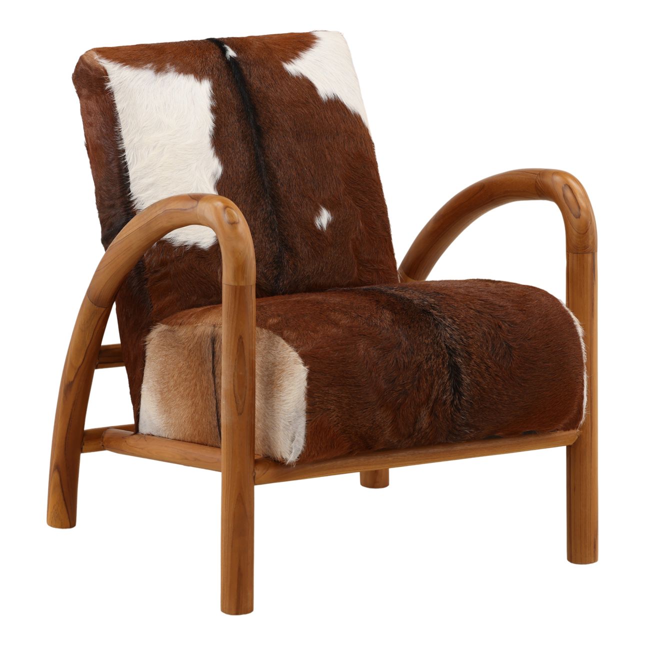 Brown and White Goat Hide and Teak Wood Chair 25.5 in Wide