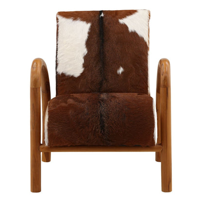 Brown and White Goat Hide and Teak Wood Chair 25.5 in Wide