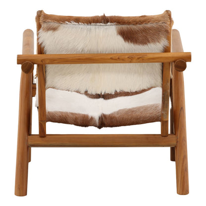 Brown and White Goat Hide and Teak Wood Chair 27.5 in Wide