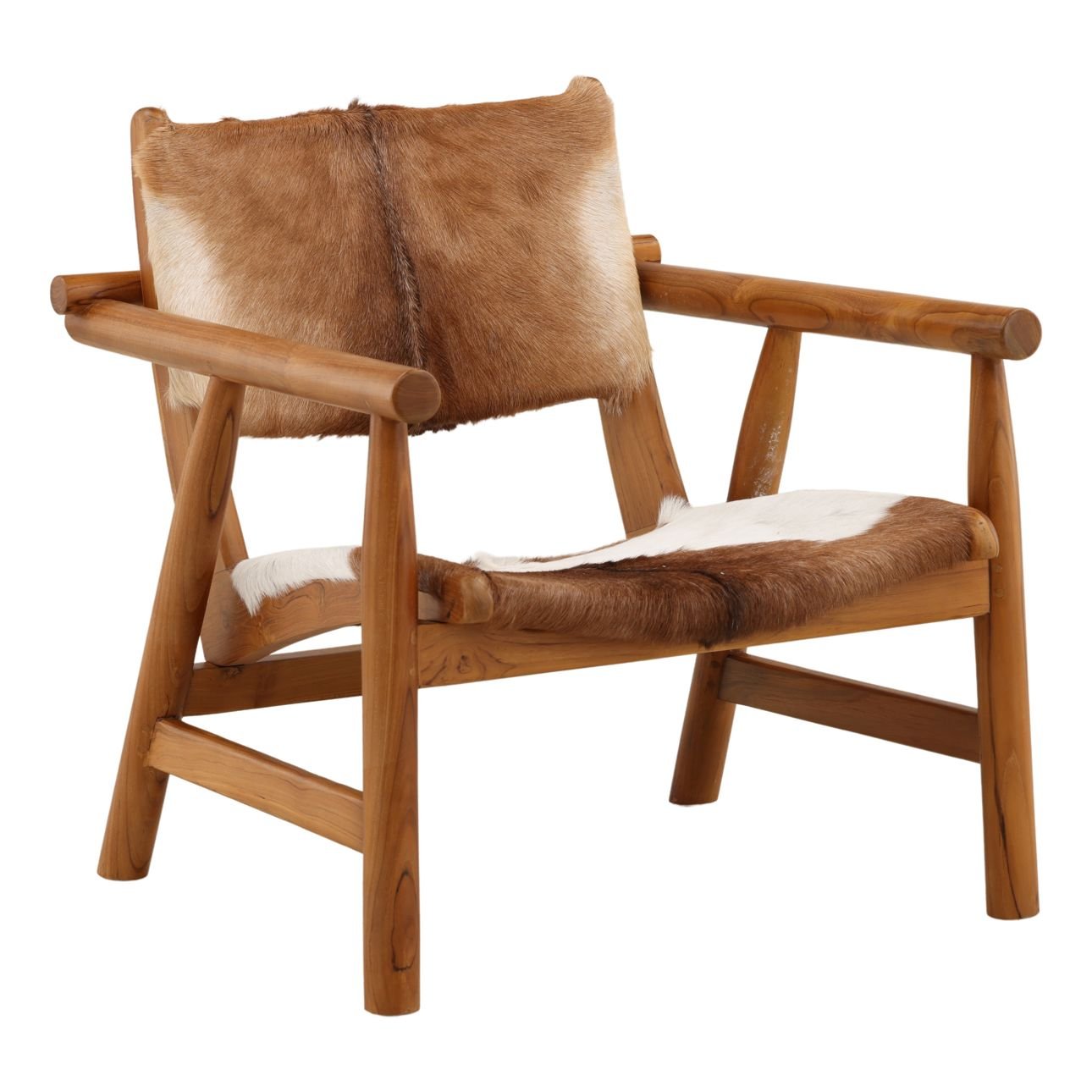Brown and White Goat Hide and Teak Wood Chair 27.5 in Wide
