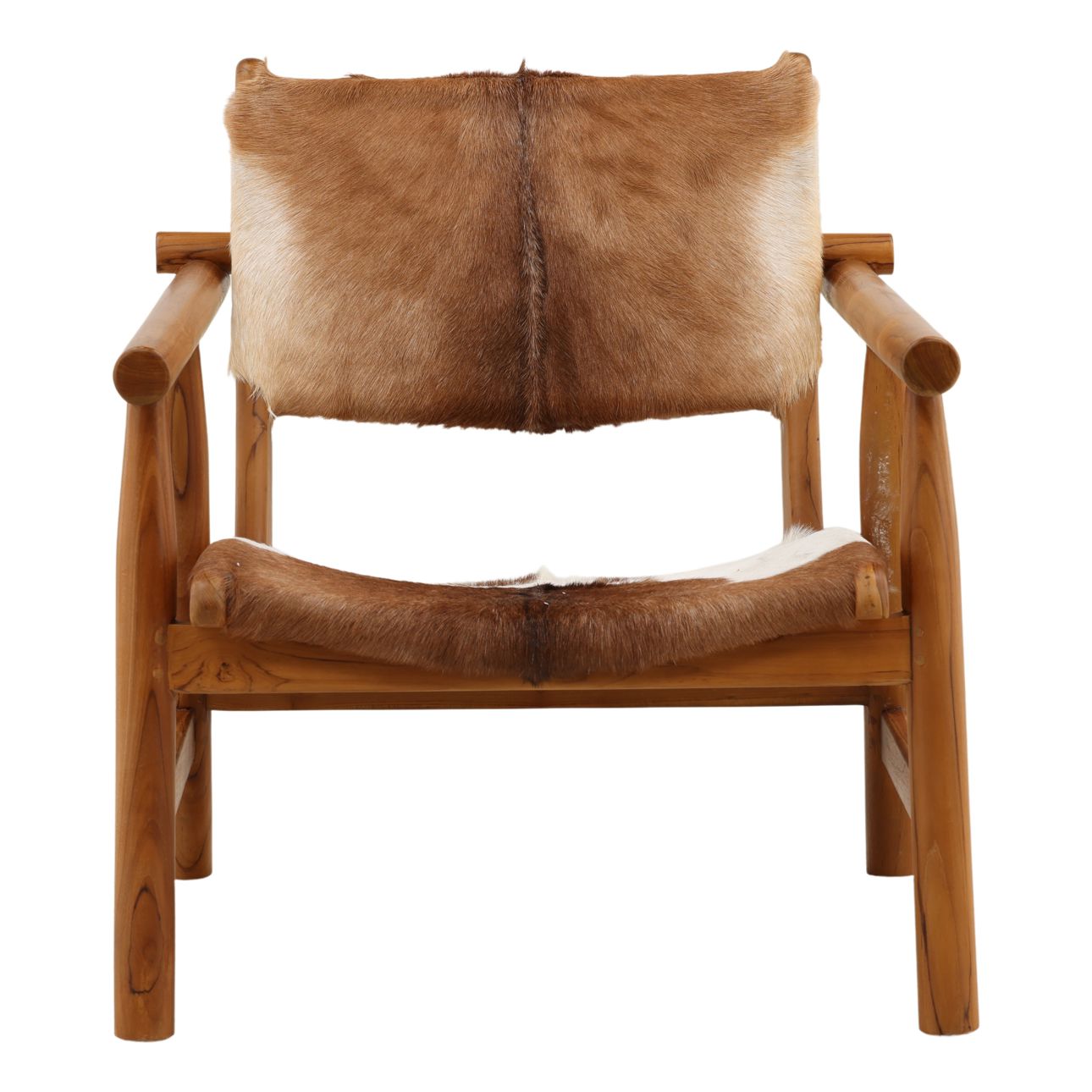Brown and White Goat Hide and Teak Wood Chair 27.5 in Wide