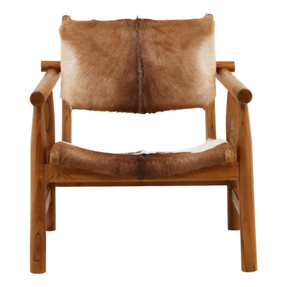 Brown and White Goat Hide and Teak Wood Chair 27.5 in Wide