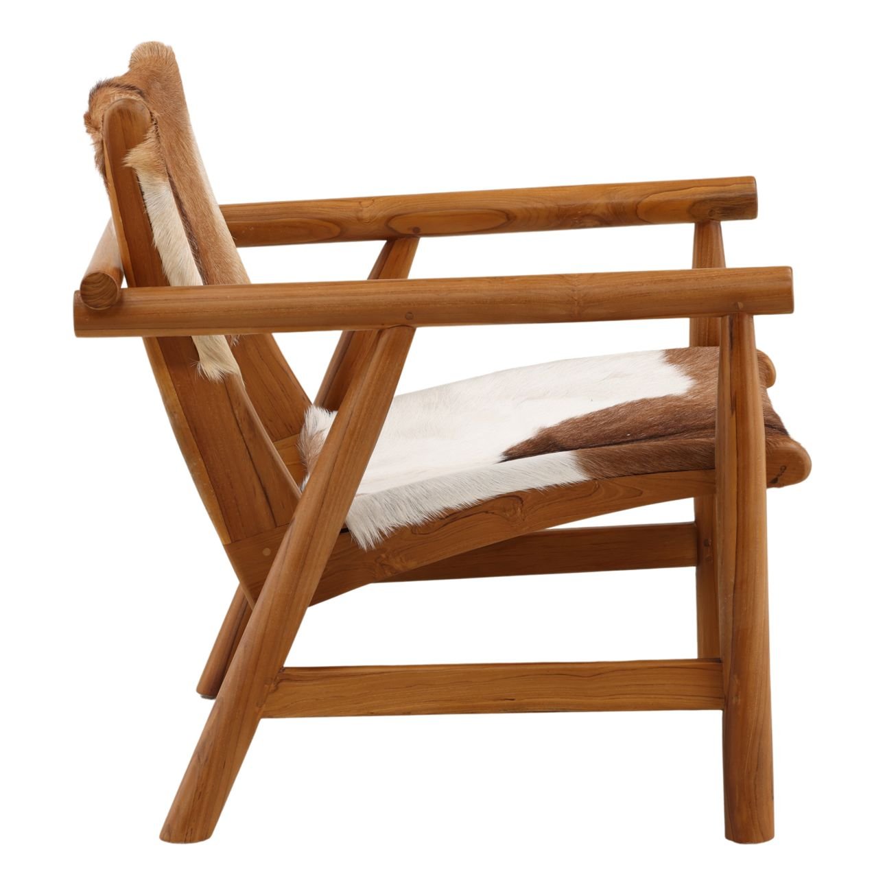 Brown and White Goat Hide and Teak Wood Chair 27.5 in Wide