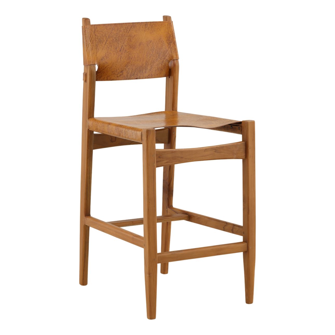 Natural and Antique Light Brown Leather Genuine Leather and Teak Wood Stool 18 in Wide